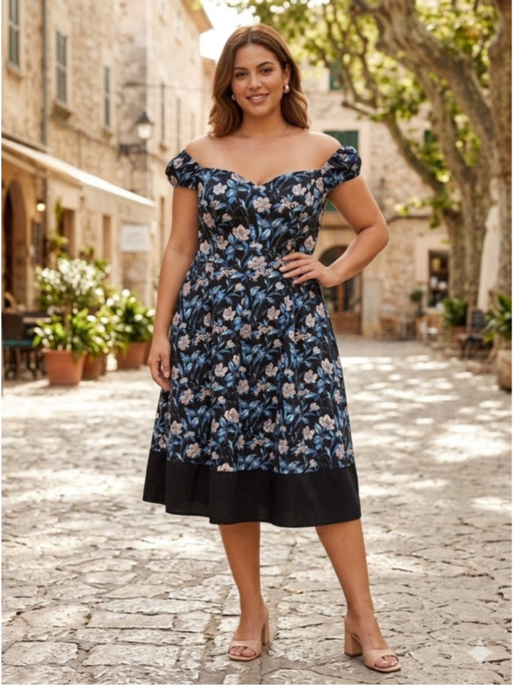 Hearts & Roses London Blue Floral Off-Shoulder Rockabilly Swing Dress SZ 12 NWT